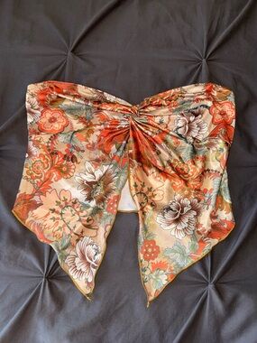 Floral Satin Scarf Top in Peach and Coral Side Large
